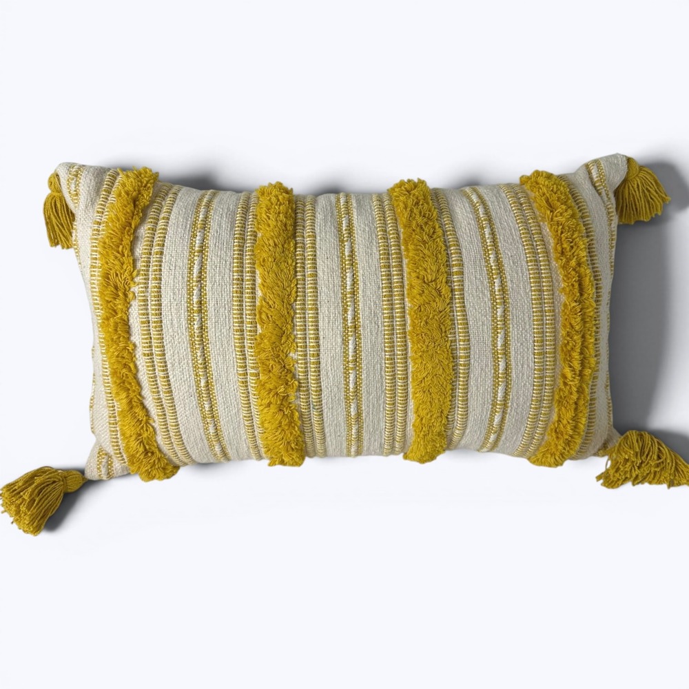 Woven Yellow Striped Lumbar Pillow Tassels Tufted Boho Accent Cushion 14x24"